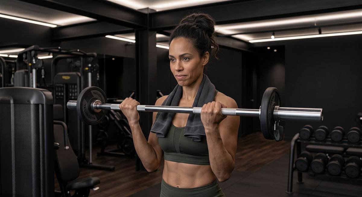 Mulher elegante e fitness com toalha de treino